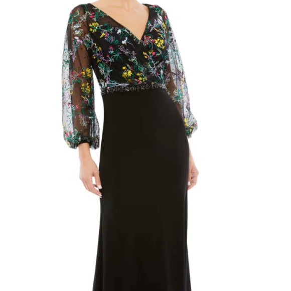 MAC DUGGAL 79379 EMBROIDERED ILLUSIONS PUFF SLEEVE COLUMN GOWN sz 6 - Picture 1 of 4
